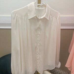 Sheer Volume Long-Sleeve Blouse, size xs , off white